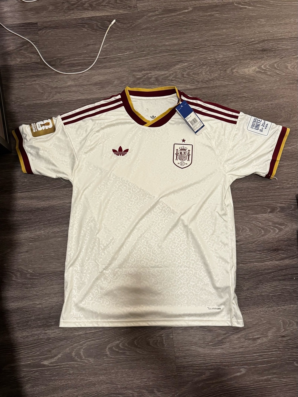 adidas Spain Men’s Soccer Jersey - White with Maroon and Gold Trim